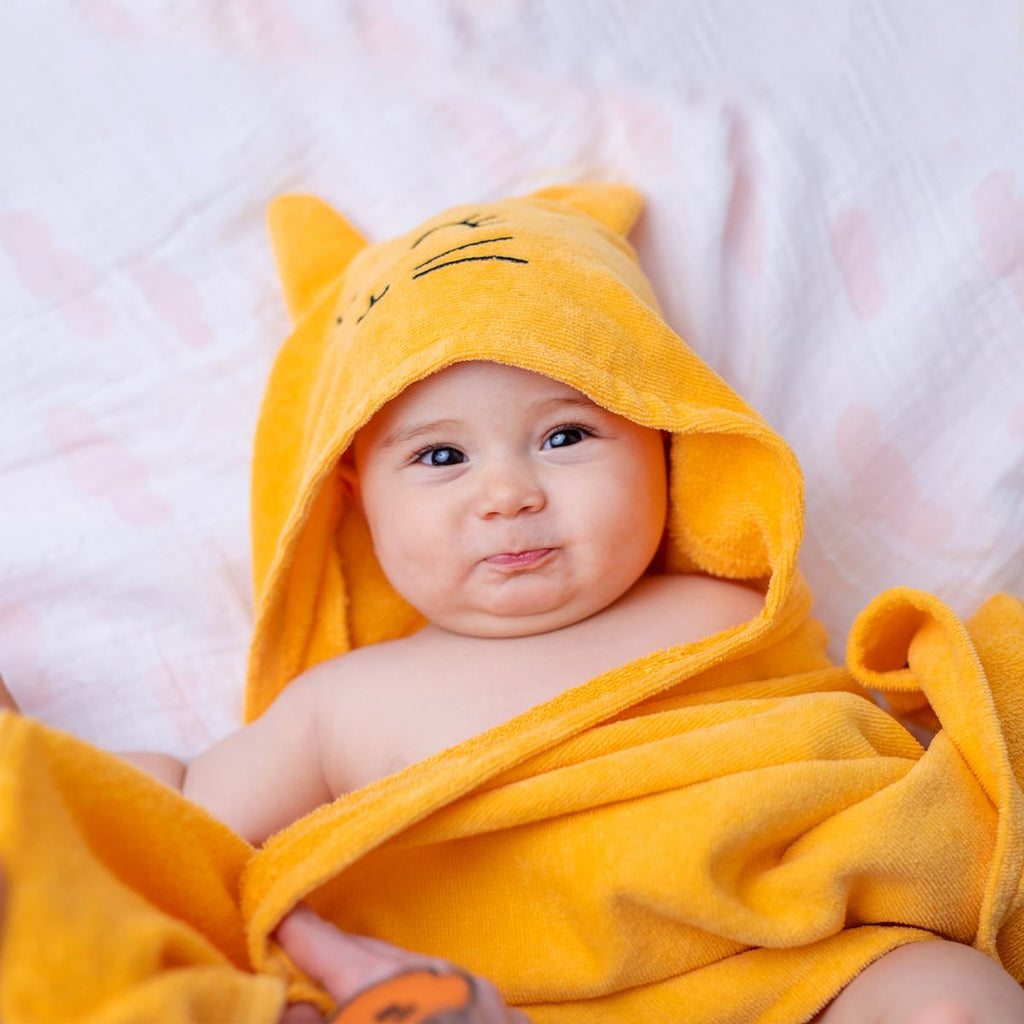kedili turuncu bebek banyo havlusu kapüşonlu pamuklu 0-6 yaş 1